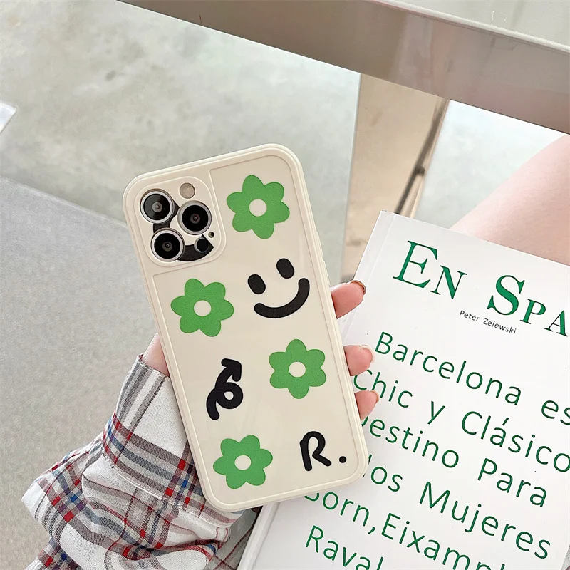 

Antique White Cute Smiley Green Flowers Letter Full Edge Soft Shell For iphone 11 12 13 Pro Max XR X Xs 6 7 8 Plus Phone Case