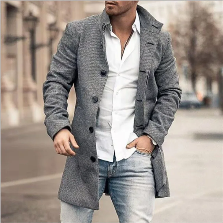 

2023 Fashion New Men's Jacket Tops, Tweed Collar Medium-length Insert Pockets Single-breasted Casual Tweed Coat