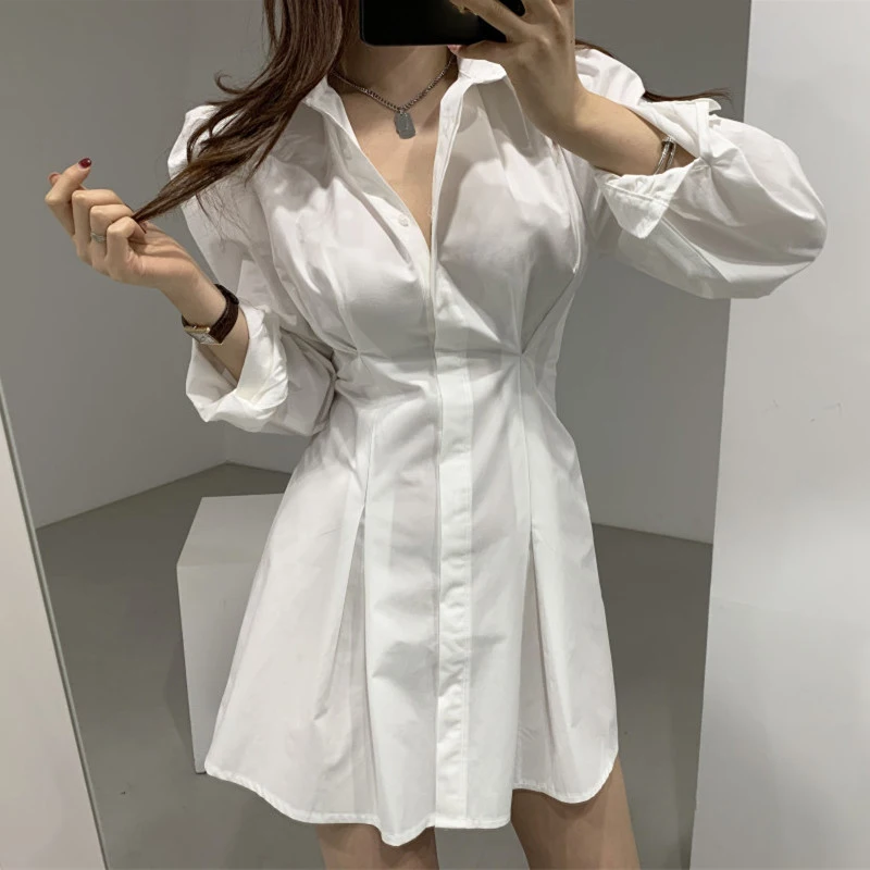 

Lucyever Black White Shirt Dress Women Korean Fashion Puff Sleeve Waist-Tight Short Dresses Ladies Office Turndown Collar Dress