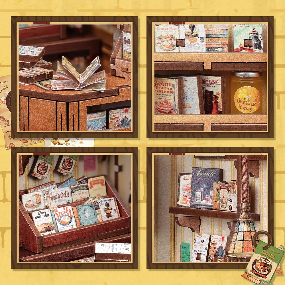 Фото CUTEBEE Book Nook Kit DIY Кукольный домик со светодиодной подсветкой Книжная полка Вставка Кулинарный книжный магазин Модель Коллекция для подарков на день рождения для детей №5