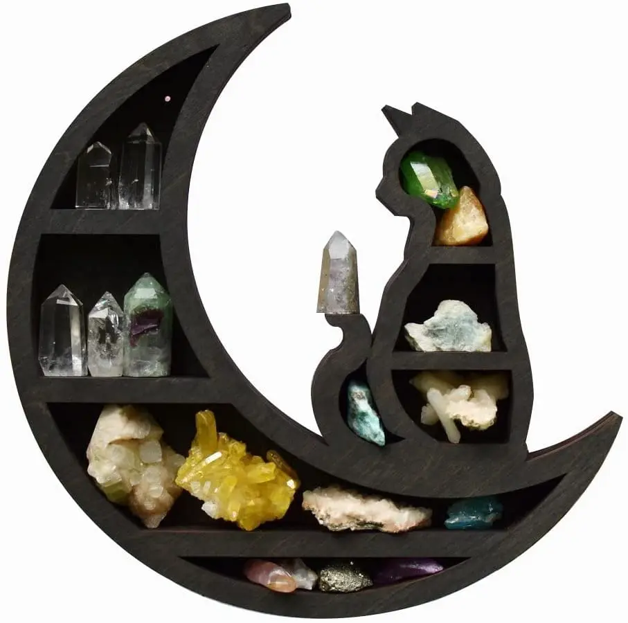 

Cat in the Moon Crystal Wooden Shelf Black Cat Design Cute Crystal Display Wall Shelf Unit for Storage Living Bed Room Decor