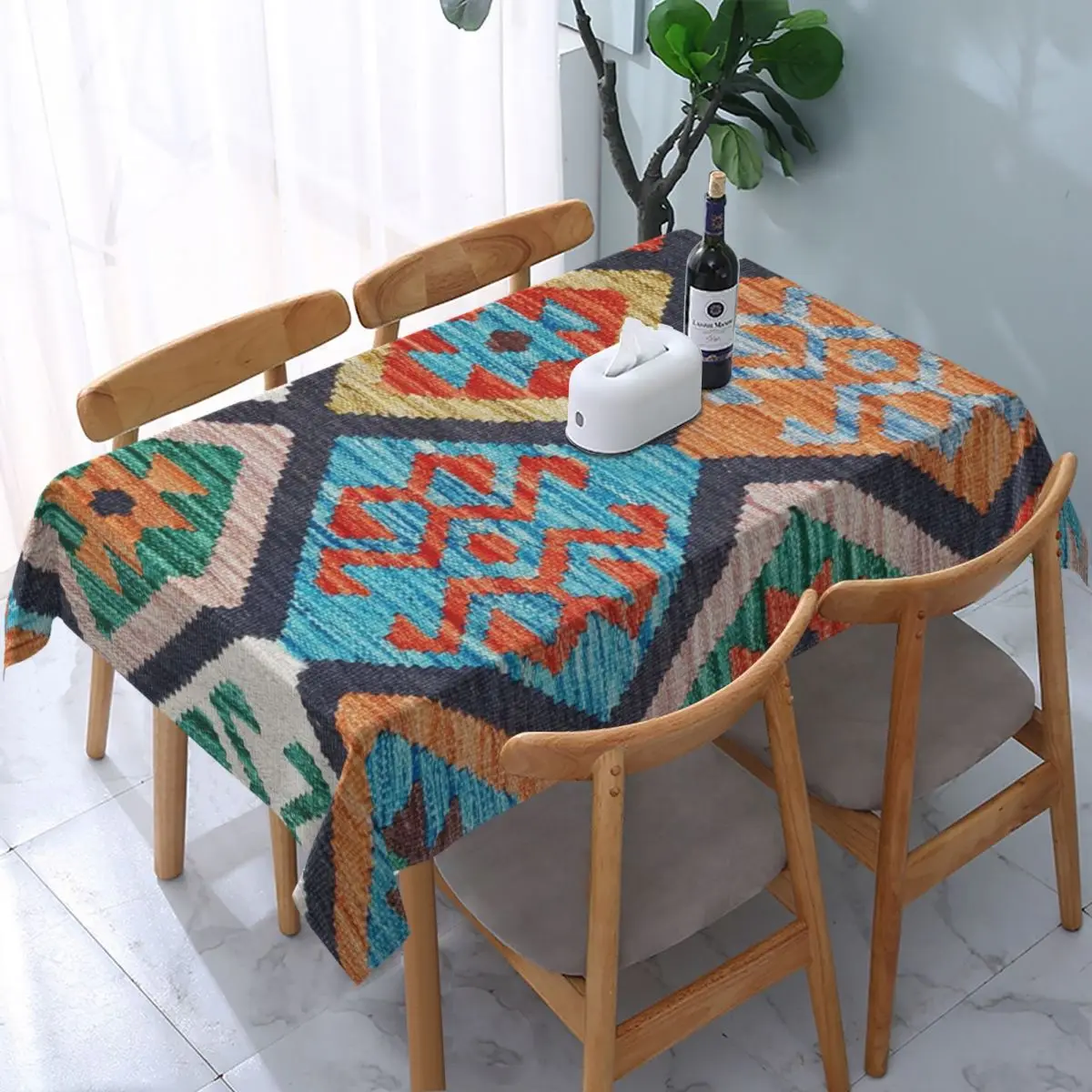 

Vintage Turkish Kilim Tablecloth Fitted Waterproof Vintage Persian Tribal Bohemian Ethnic Art Table Cover Cloth for Dining Room