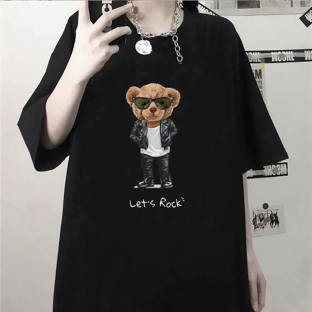 

Tops Cotton T-shirts Female Tshirt Handsome Sunglasses Motorcycle Bear Short-sleeved Kawaii T-shirt Men And Women Trendy XS-XXL