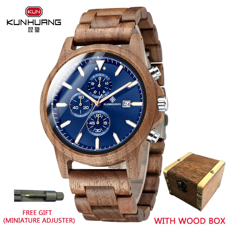 

KUNHUANG Top Luxury New Men's Watch Natural Walnut Wooden Watch Multifunctional Quartz Clock Luminous Chronograph Watch Gift Box