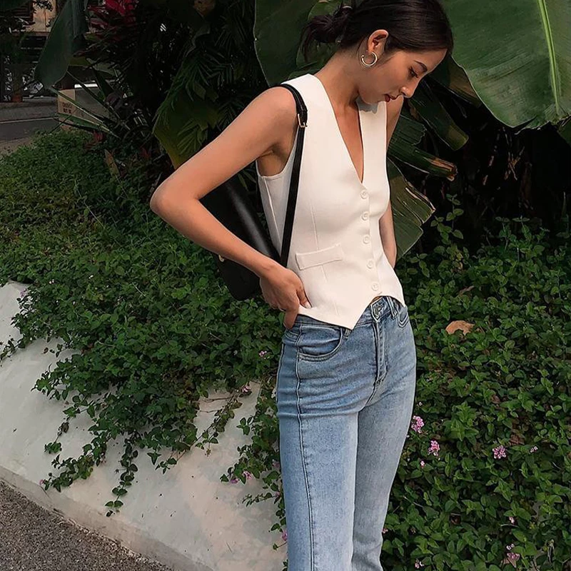 2023 Waistcoat Women Summer Urban V-Neck Single Breasted Sleeveless Cardigan Blazer Female Slim Short Vest Femme Slim Buttons