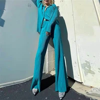 fashion classic womens clothing lapel long sleeve pants high waist casual suit wrinkled fabric street shot open solid color