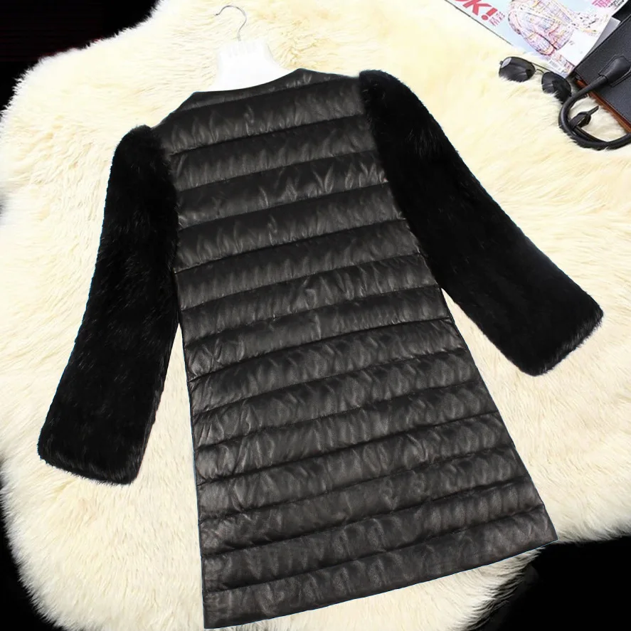 Women's Leather Fur Coat Fashion Stitching PU Leather Imitation Fur 3/4 Sleeve Coat Overcoat Top for Women Faux Fur Coat