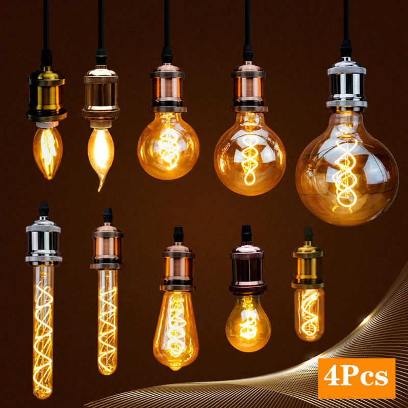 4Pcs/lot Retro Spiral Light LED Filament Bulb 220V ST64 G125 G95 G80 T45 C35 A60 4W 2200K Vintage Lamps For Decorative Lighting