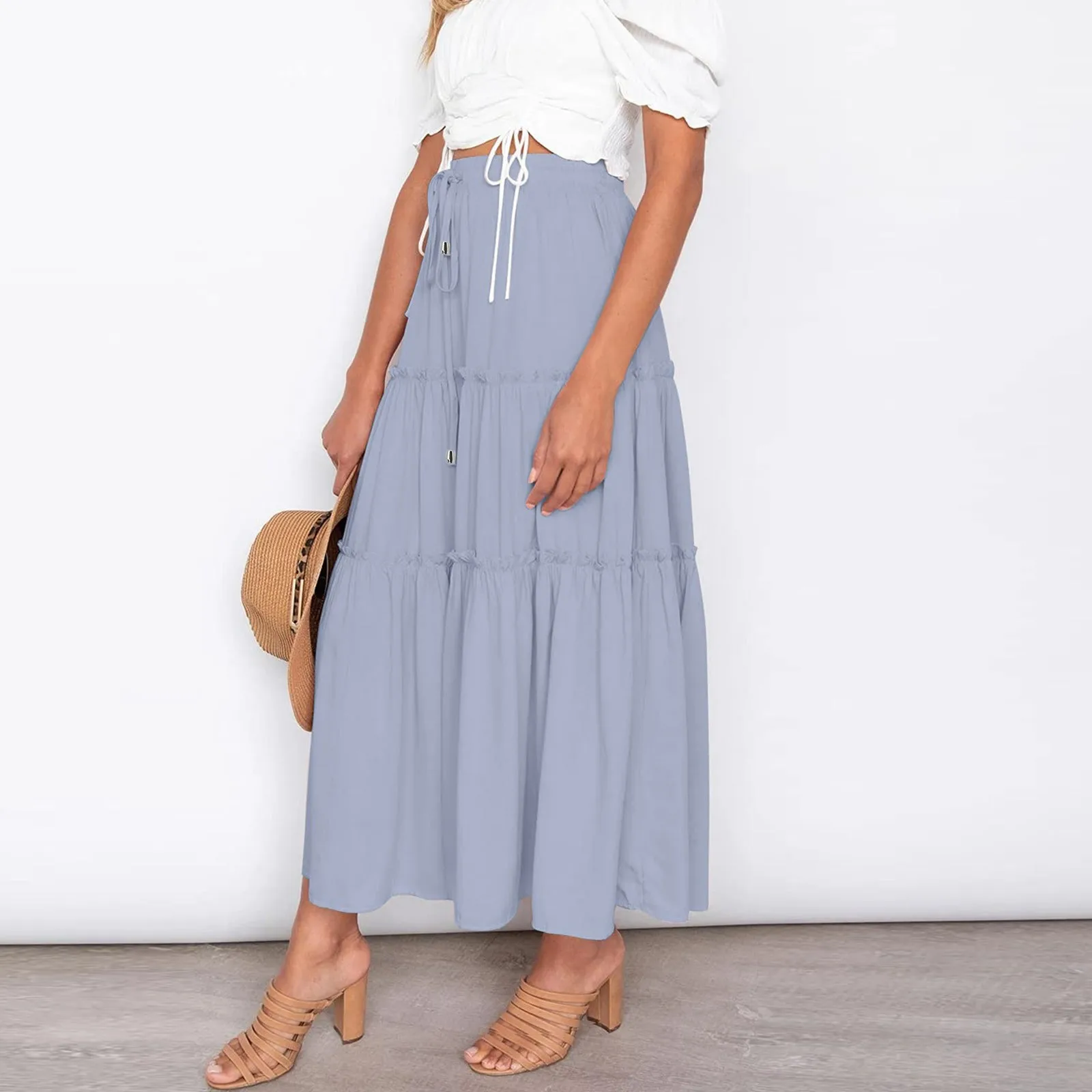 

2023 Fashion High Waist Long Solid A-Line Skirt Women Casual Beach Faldas Female Boho Elastic Waist Holiday Party Maxi Skirt