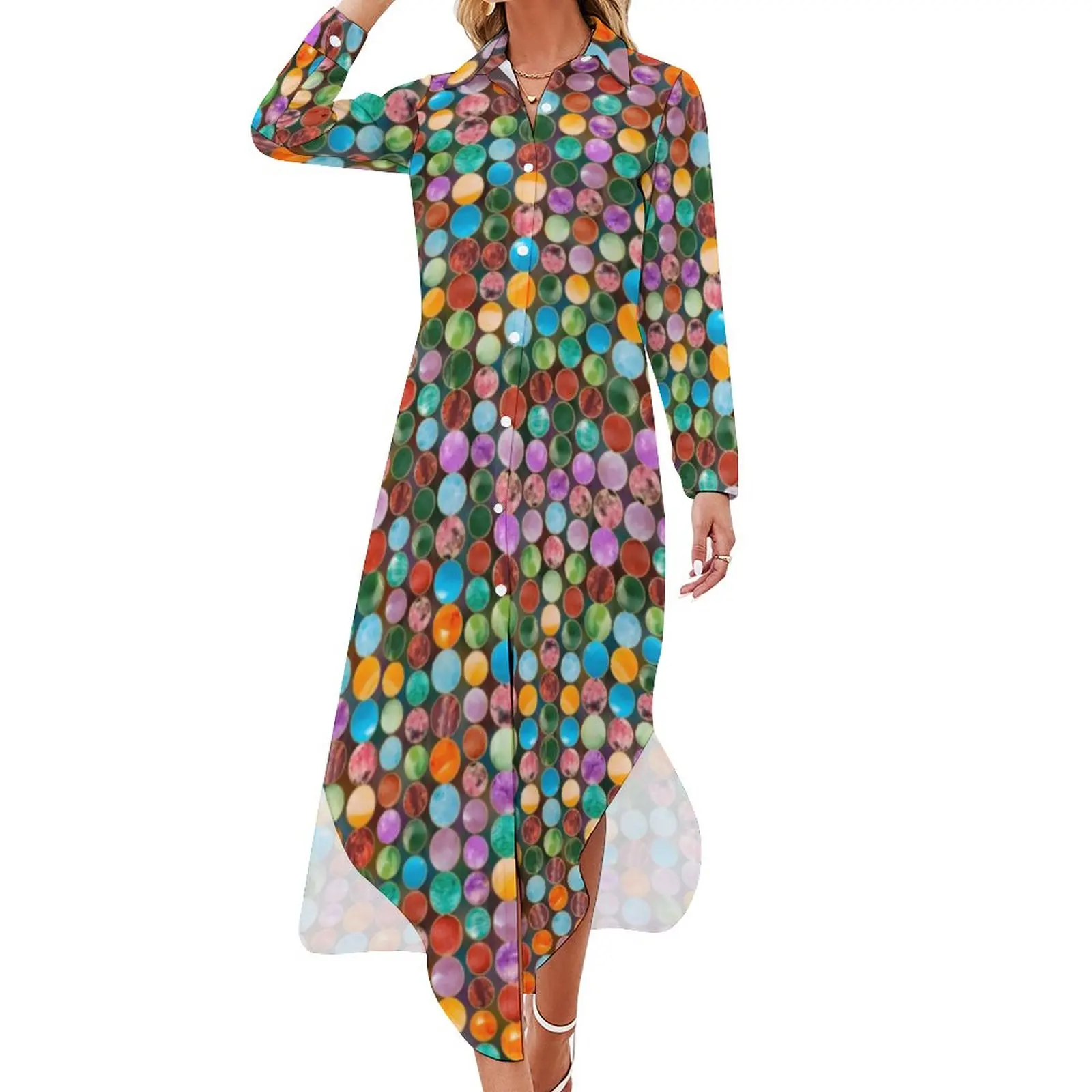 

Женское шифоновое платье с бусинами, повседневное шифоновое платье с длинным рукавом, V-образным вырезом и принтом драгоценных камней, большие размеры