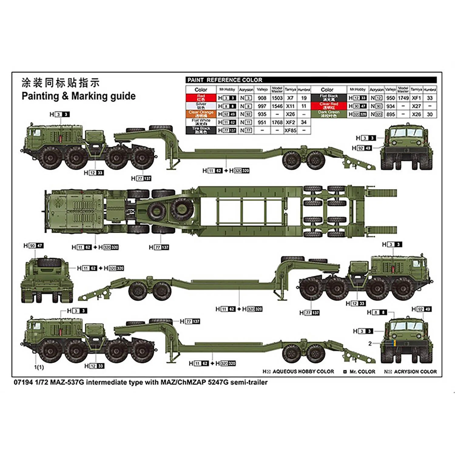 Коллекционная модель Trumpeter 1/72 полуприцеп среднего типа с мазом/ChMZAP 5247G для
