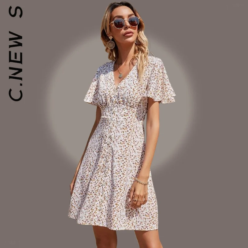 Женское платье в Корейском стиле C.New S с расклешенными рукавами и пуговицами