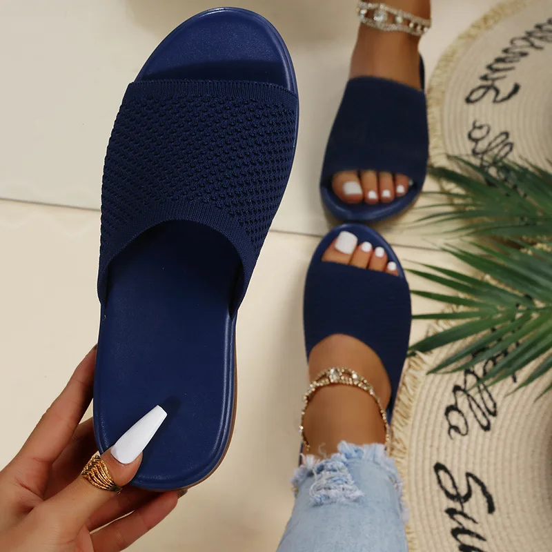 2023 Spring/Summer Flying Weaving Flat Bottom Anti Slip PU Casual Beach Shoes Flat Bottom Slippers for External Wear