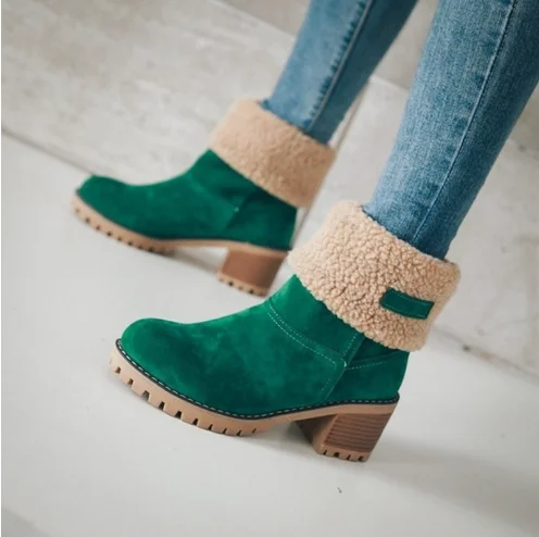

Winter Womens Black Beige Plush Lining Shoes Ankle Boots Med Heel Chunky Heels Shoes Warm Boot Metal Decoration Boots for Women