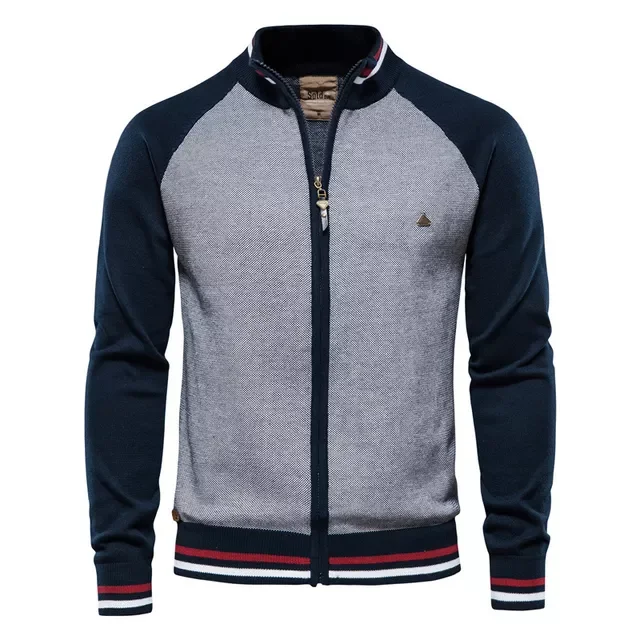 

New2022 New Autumn Sprting Jacket Men Casual Wool Zipper Slim Fit Knitwear Jackets Mens Cotton Patchwork Stand Collar Fashion C