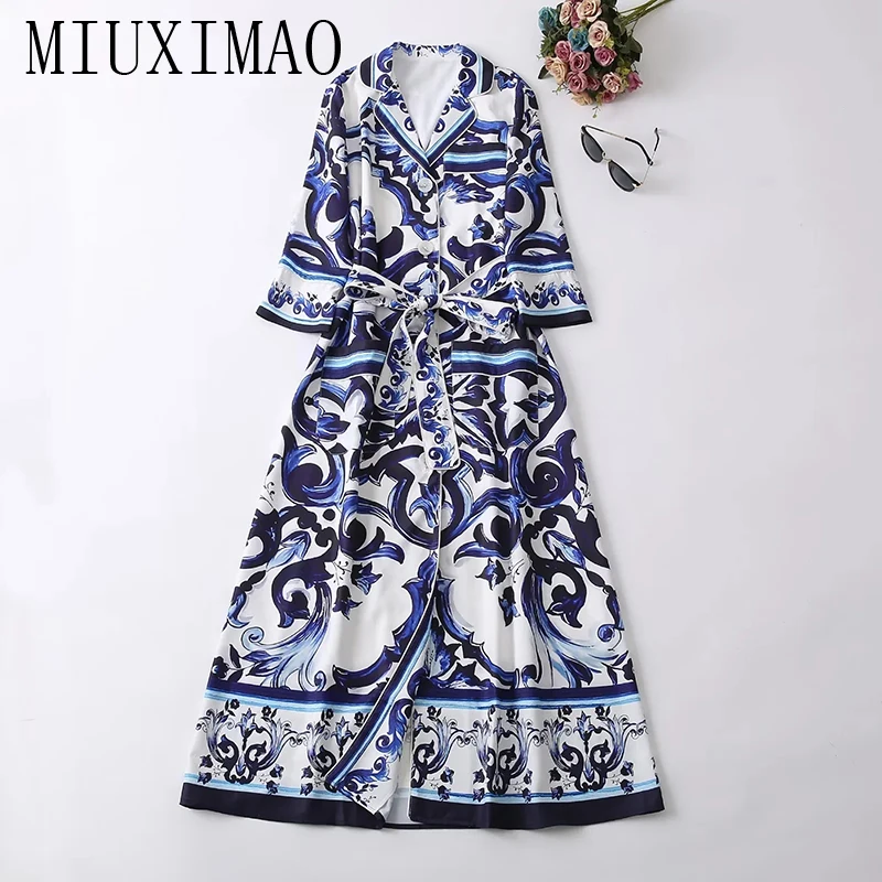 MIUXIMAO 2022 High Quality Autumn&Winter Elegant  Long Sleeve Notched Single Breasted Print Fashion Long Dress Women Vestide