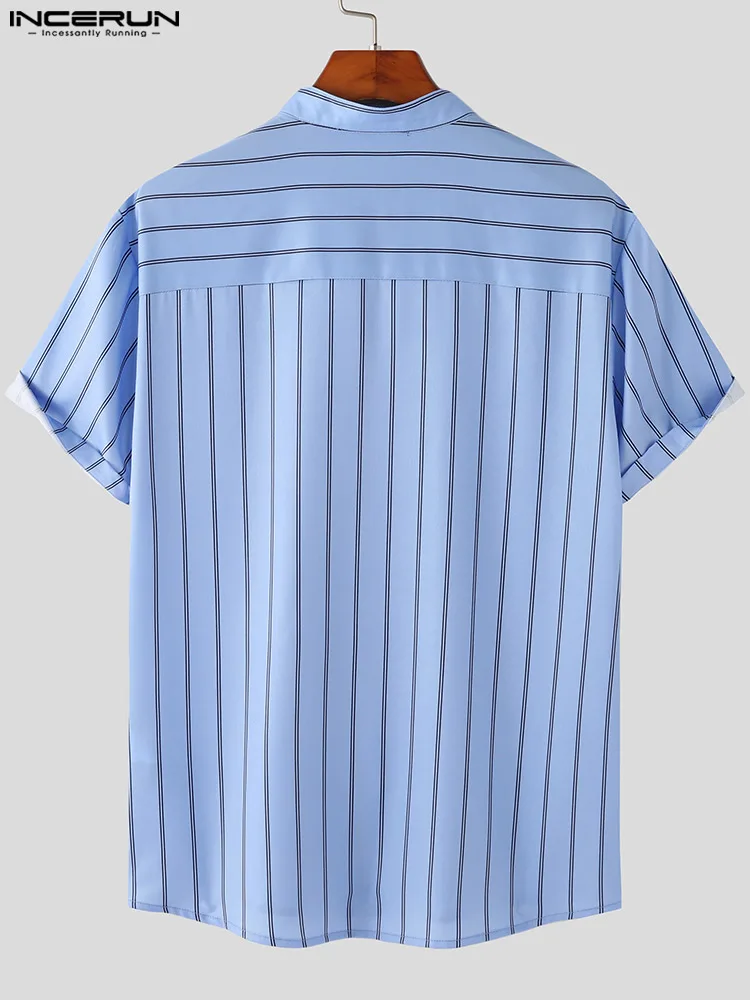 Korean Style New Men Casual Striped Blouse Fashion Male Hot Sale Stand Collar Short Sleeve Button Shirts S-5XL INCERUN Tops 2022
