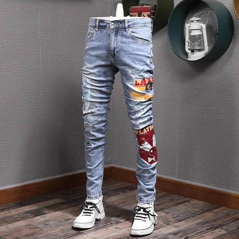 

Streetwear Fashion Men Jeans Retro Light Blue Elastic Slim Fit Ripped Jeans Men Brand Patch Designer Hip Hop Denim Pants Hombre