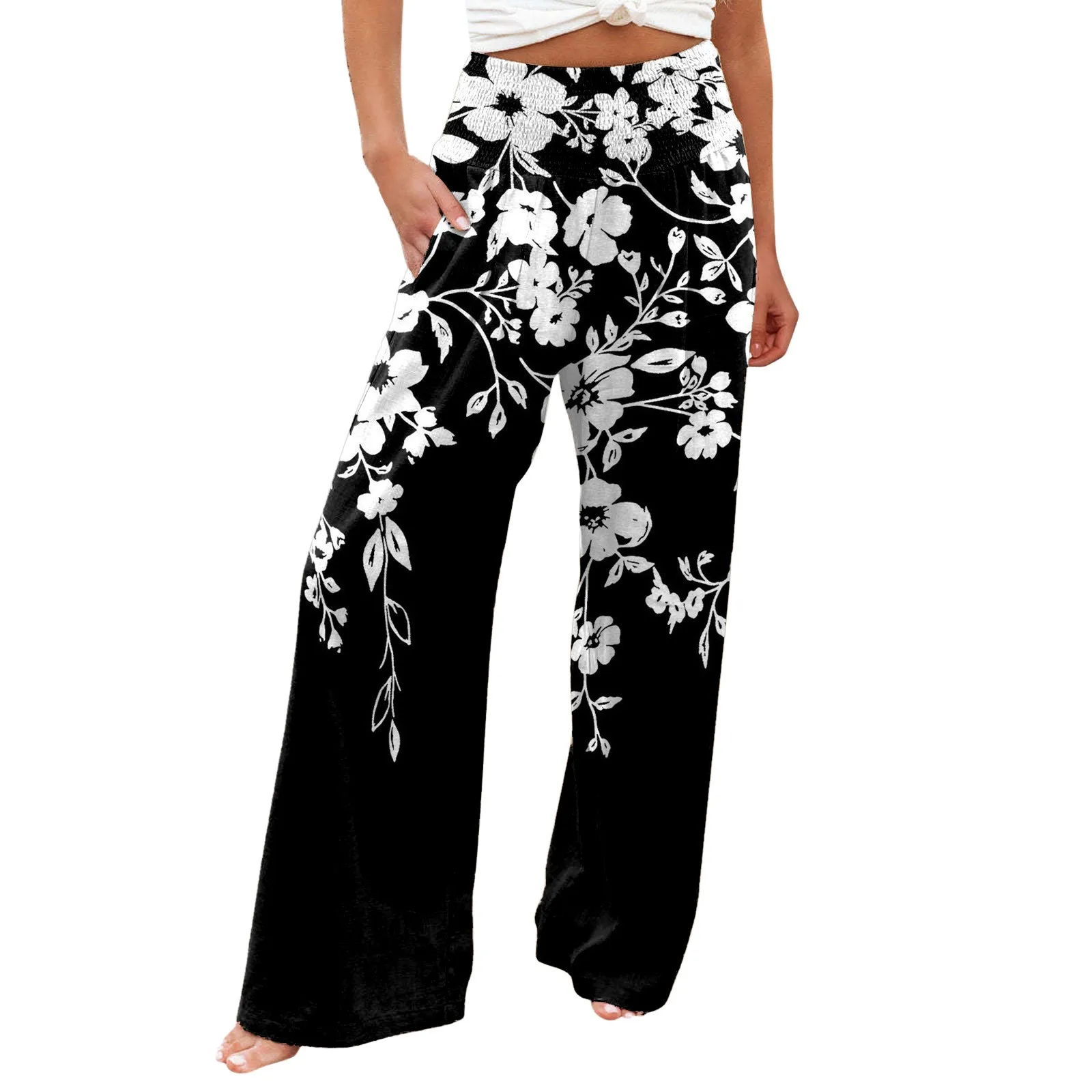 Boho Harem Pants Summer Casual Loose Wide Leg Trousers with Pockets Floral Printed Elastic High Waist Long Pants Dance Trousers