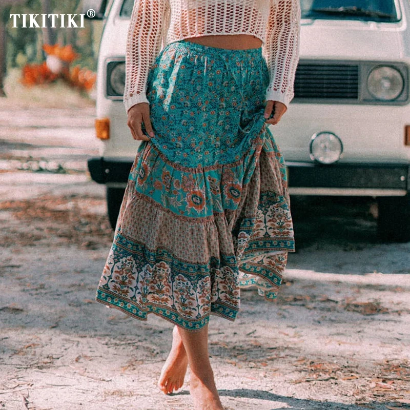 

Vintage Floral Print Skirt Casual Drawstring Elastic Waist Midi Skirt Boho Hippie Chic Beach Skirts Fairycore Bohemia Skirts