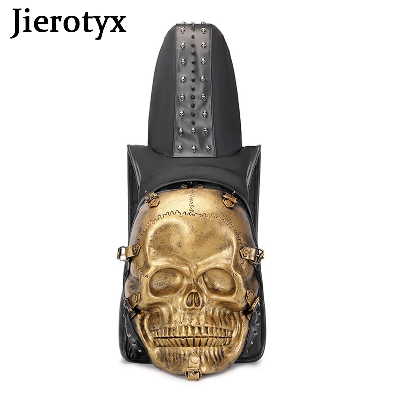 JIEROTYX 3D Skull PU Leather Backpack Women Rivets Gothic Skull Backpack with Hoodie Cap Unisex Travel Bags for Laptop Punk