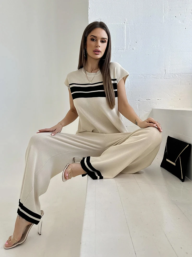 Повседневный женский вязаный костюм с коротким рукавом спортивный комплект из