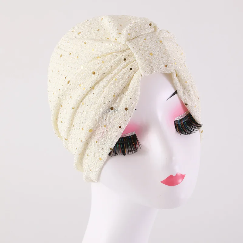 

New Ladies Bronzing Pleated Turban Cap Women Solid Elastic Sequin Indian Cap Popular In Europe and He United States Hot Headgear