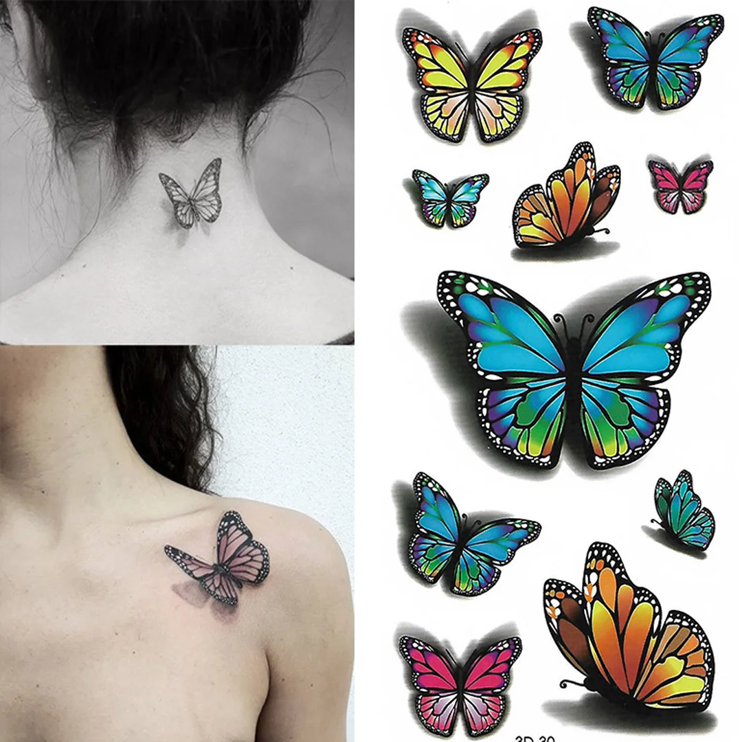 

3D Butterfly Flower Rose Temporary Tattoo Waterproof and Environmental Arm Clavicle Body Art Fake Tattoo Butterfly Stickers