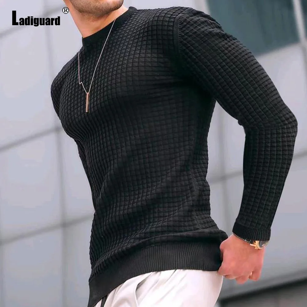 Ladiguard Men Fashion Skinny Tops Mens Clothing 2023 New Spring Casual Ruched Plaid Sweater Solid Pullovers Knitted Sweaters