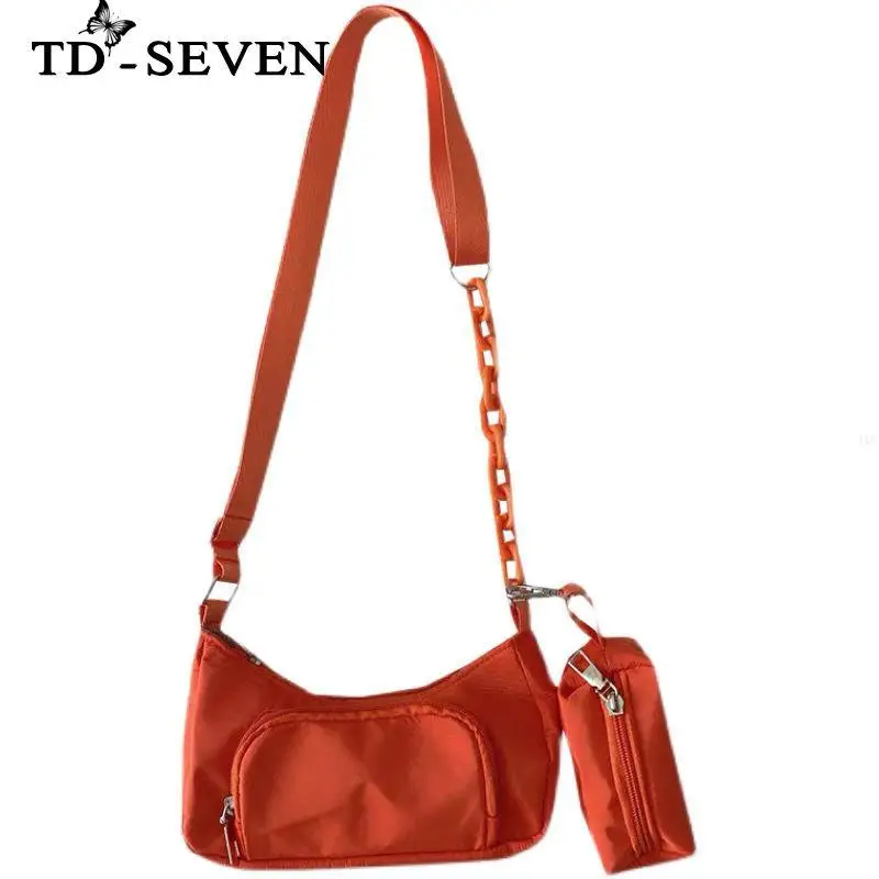 

Женская Холщовая Сумка на плечо, однотонный мессенджер, Студенческая Нейлоновая Сумочка на плечо, маленькая сумка на молнии с большой цепоч...