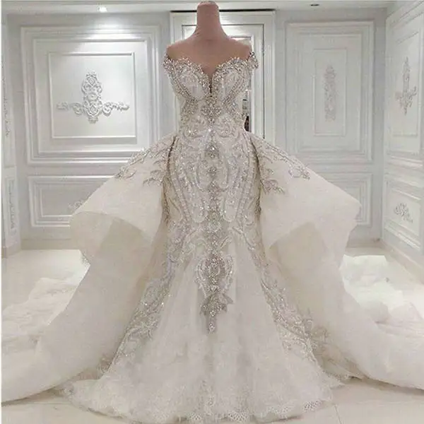 

Luxury Beaded Mermaid Wedding Dress With Detachable Overskirt Dubai Arabic Sparkly Crystals Diamonds Bridal Gowns 2024