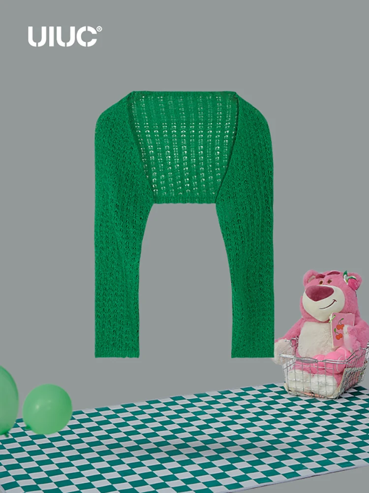 

Укороченный женский кардиган UIUC с вырезами, вязаные топы зеленого цвета