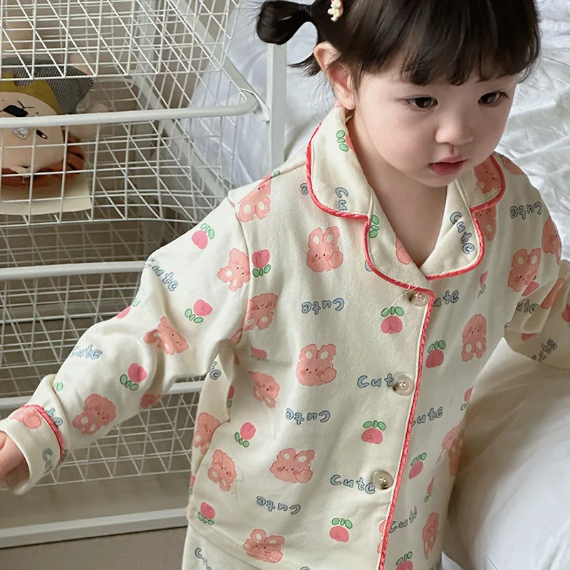 

New Autumn Kids Pajamas Set Long Sleeve Tops Cardigan Pants Korean Bear Cotton Muslin Boys Girls Nightgown Sleepwear