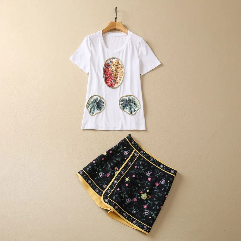 

Женская одежда в европейском и американском стиле, новинка весны 2023, футболка с коротким рукавом и принтом винограда, шорты с принтом, модный костюм