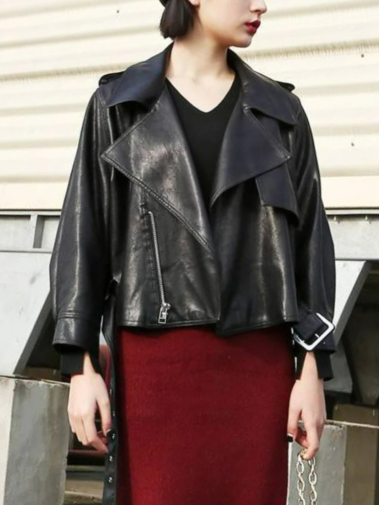 2022 Summer Korean Leather Jacket Women Turndown Collar Chic PU Biker Jacket Female Outerwear Loose Streetwear Fashion Moto Coat