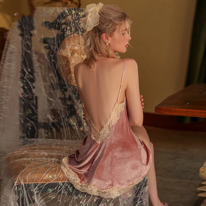 

Hollow Nightdress Sexy Nightwears For Sleeping Sling Pajamas Velvet Comfortable Nightgown Women Deep V Tie Home Clothes Dress