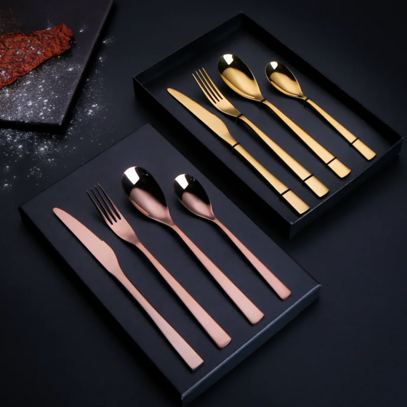 

Stainless Steel Western Tableware Titanium Plated Color Gold Steak Knife Fork Spoon Four-Piece Set Dinner Set Dining Table Set