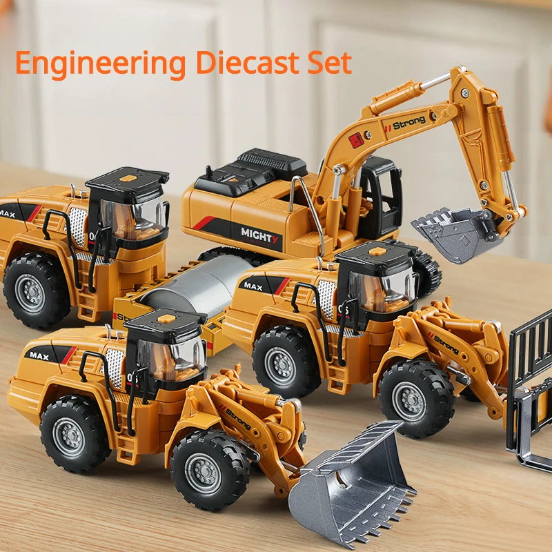 

Diecast Toys Vehicles for Kids Boys Gift Engineering Diecast Set Pullback Sound Light Excavator Forklift Crane Road Roller Model