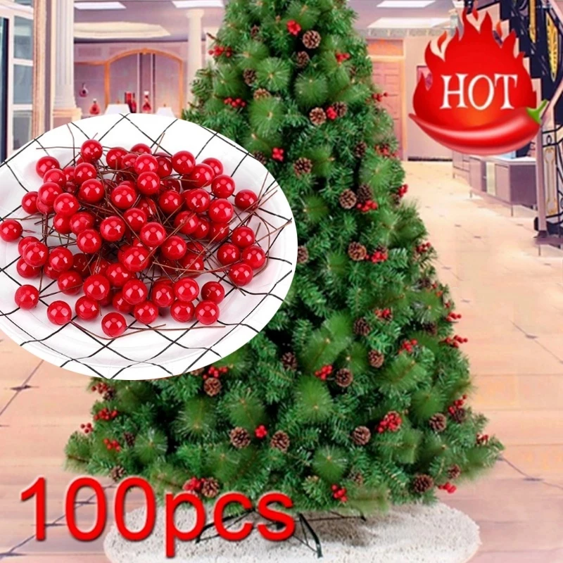 100/200pcs Christmas Red Berry Artificial Flower Cherry Stamen Pearl Berries For Chirstmas Tree Decoration Xmas Home Wreath Gift