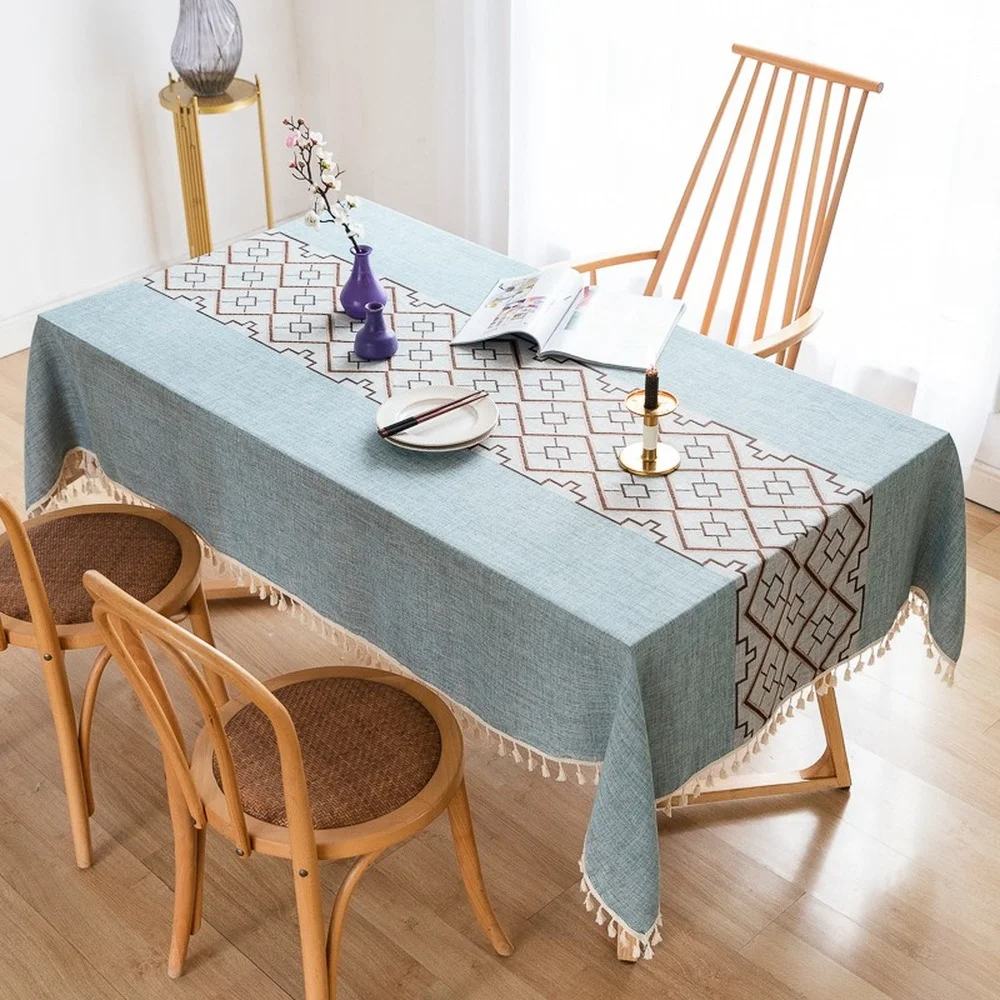 

Tablecloth Chinese Tassel Jacquard Plaid Cotton and Linen Dustproof Rectangular Blue Stripes Table Cover Towel Home Decoration