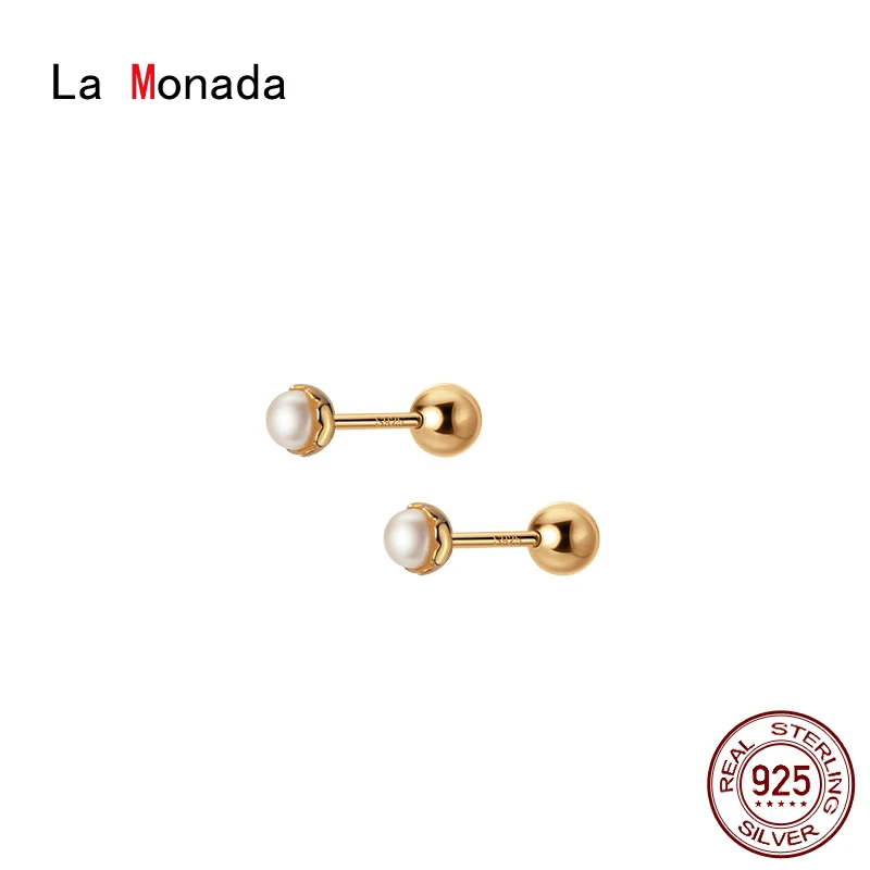 

La Monada Round Synthetic Pearl Women Stud Earrings Piercing 925 Sterling Silver Earrings For Women Ball Nut Women's Earrings