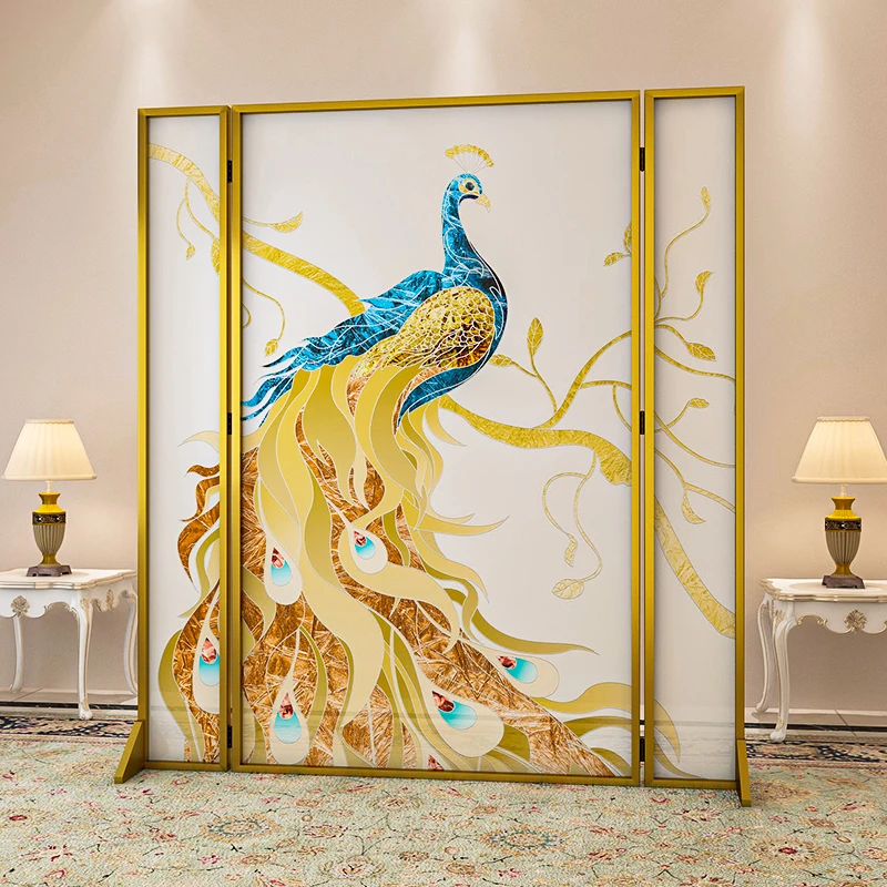 

European Light Luxury Style Folding Mobile Screen Partition Living Room Entrance Concealing Metal Art Screen Peacock Divider