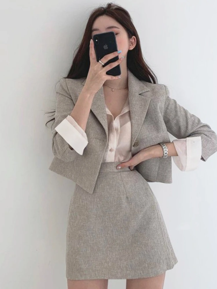

Insozkdg Blazer & Suits Skirt Suits Full Sleeve Short Blazer Coat Slim High Waist Skirts Mini Solid Casual Vintage 2 Pieces Set