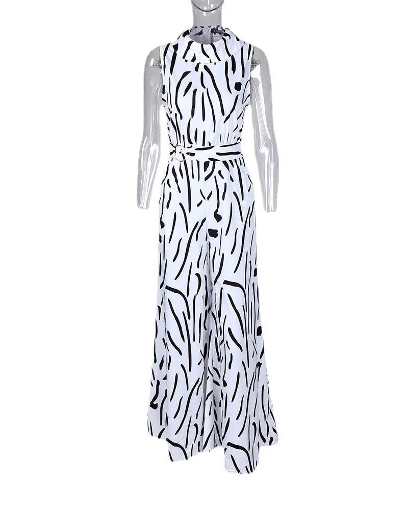 

Women's Abstract Print Sleeveless Jumpsuit Summer Female & Lady Casual Commuting Office Rompers 2022 Fashion New
