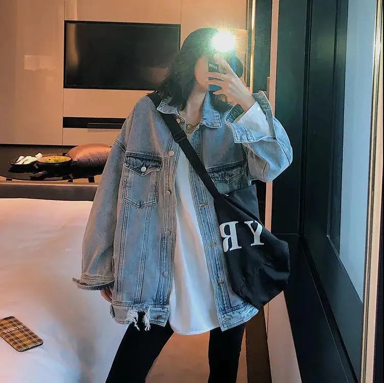 

Casual Pocket Button Denim Jacket Women Fashion Korean Loose Long Sleeve Overcoat Vintage Blue Cowboy Coat 2022 Spring Autumn
