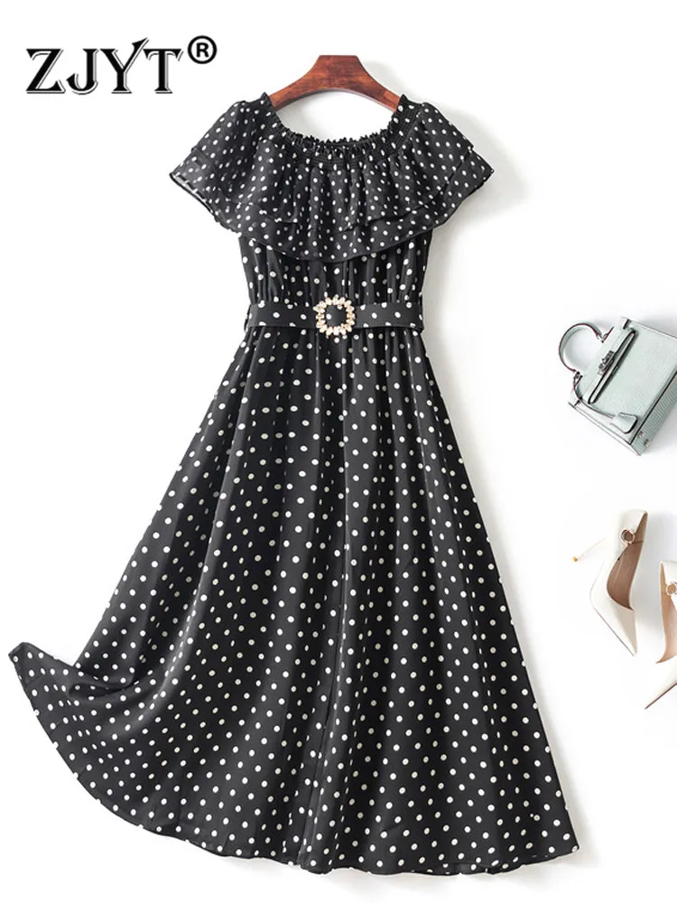 

ZJYT Summer Fashion Ruffle Slash Neck Chiffon Dresses for Women Polka Dot Print Midi Holiday Vestidos Elegant Vintage Robe Femme