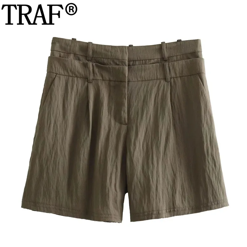 

TRAF 2023 New Shorts High Waist Summer Shorts For Women Streetwear Double Waistband Bermuda Shorts Woman Casual Baggy Shorts