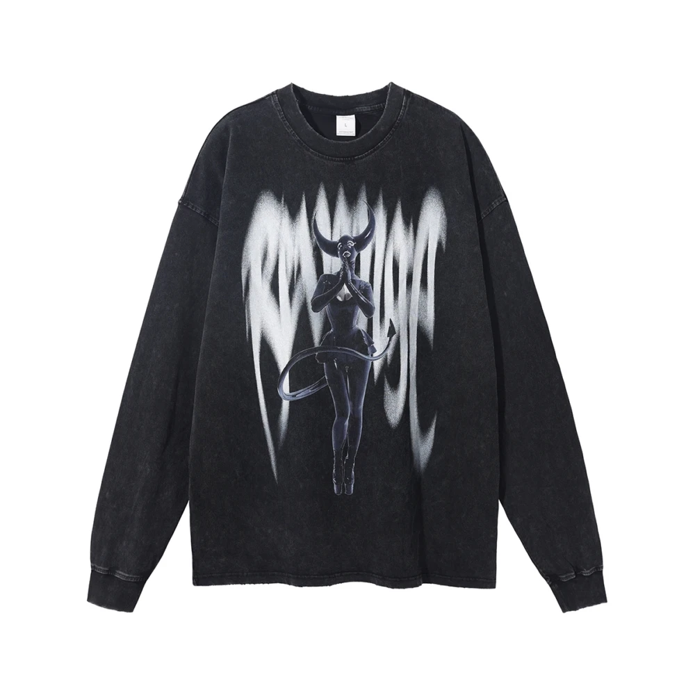 

Demon Evil Print Oversized T-shirt Goth Retro Black Frayed Y2k Grunge Tops Berserk Long Sleeve Men's Graphic T Shirts Anime Tees