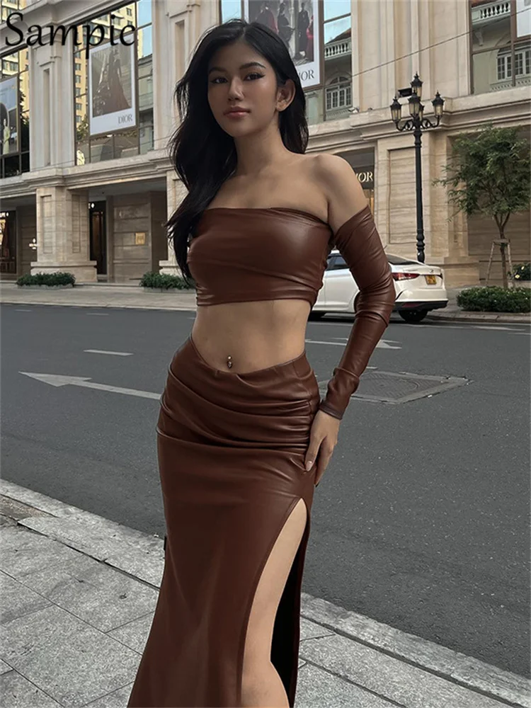 

Sampic Y2K PU Leather Skirt Two Piece Set Off Shoulder Long Sleeve Crop Top And Ruched Split Maxi Bodycon Skirt Women Streetwear