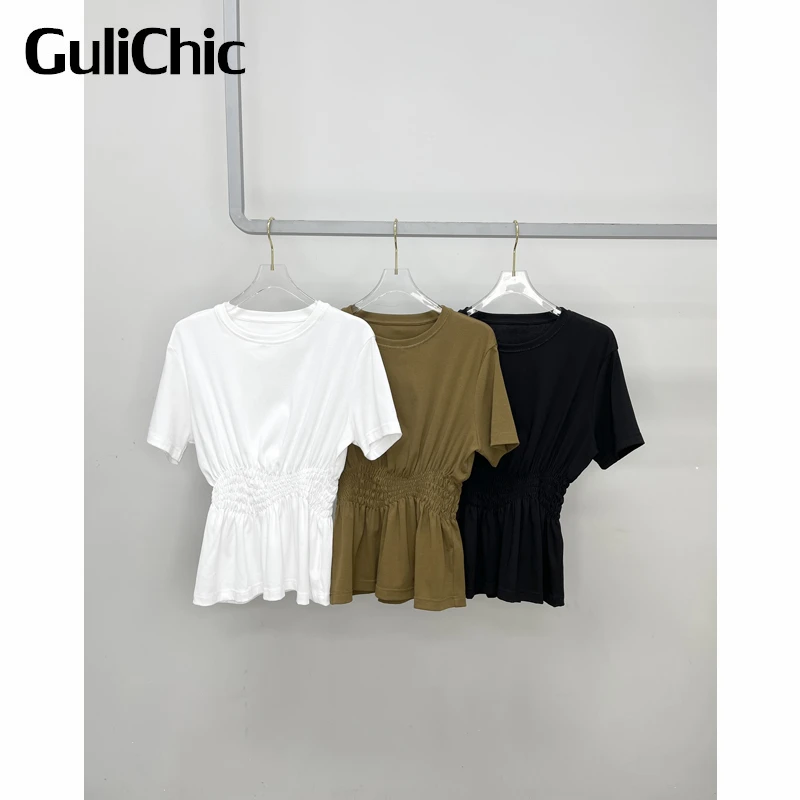 

4,12 г., GuliChic, Повседневная Удобная женская футболка с круглым вырезом и коротким рукавом, эластичная футболка с рюшами и присборенной талией